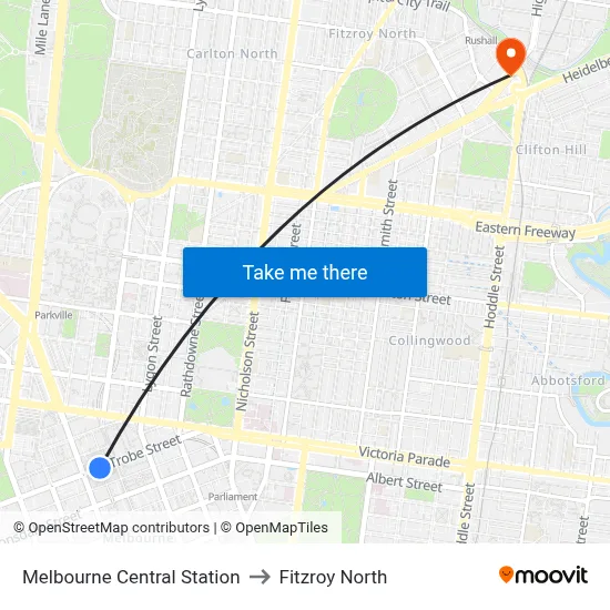 Melbourne Central Station to Fitzroy North map