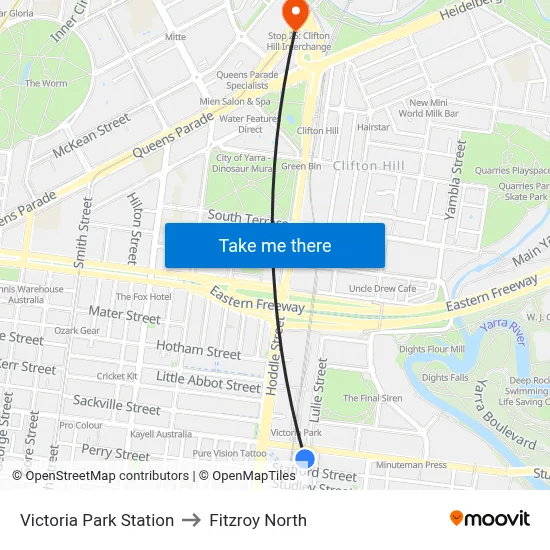 Victoria Park Station to Fitzroy North map