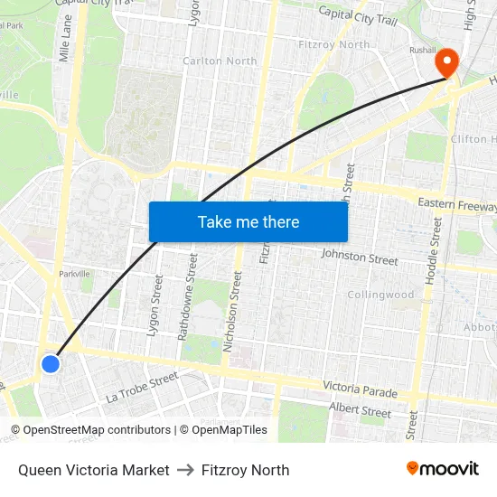 Queen Victoria Market to Fitzroy North map
