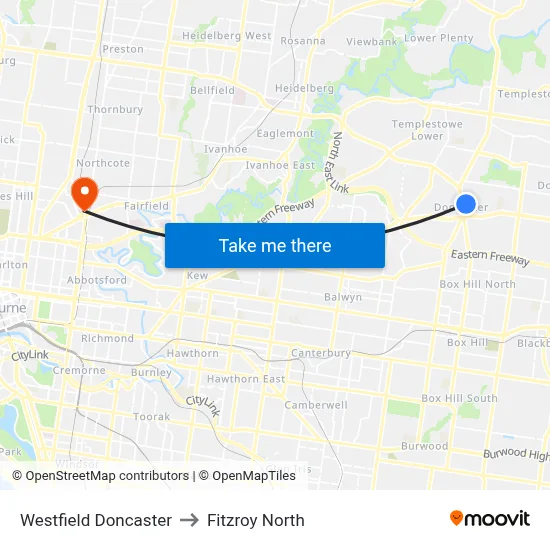 Westfield Doncaster to Fitzroy North map
