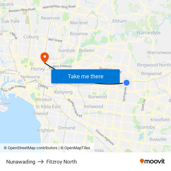 Nunawading to Fitzroy North map