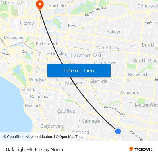 Oakleigh to Fitzroy North map