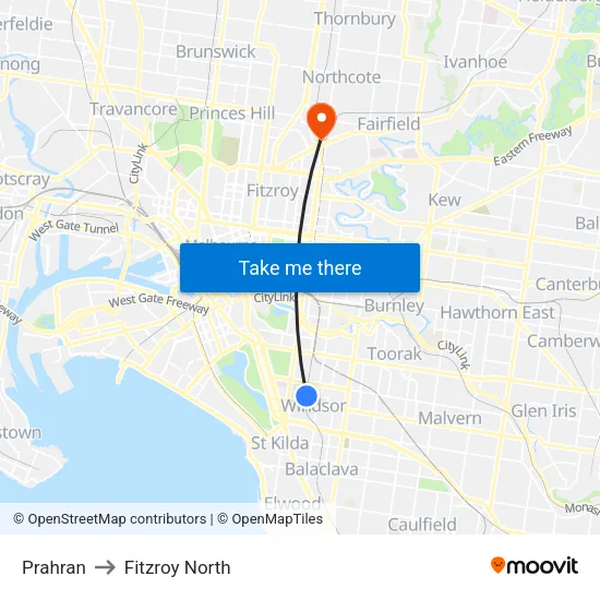 Prahran to Fitzroy North map