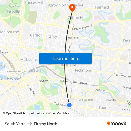 South Yarra to Fitzroy North map