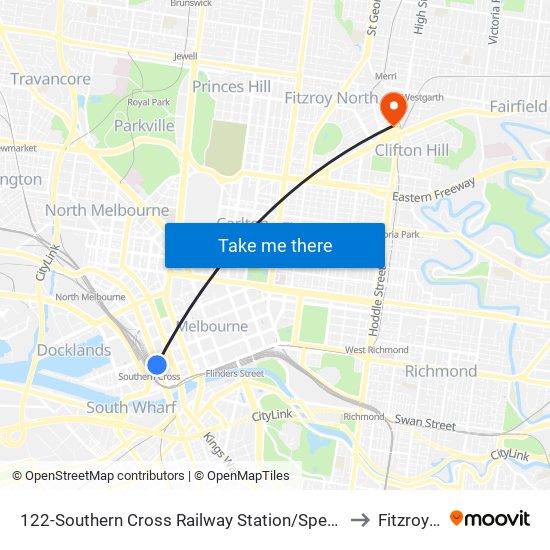 122-Southern Cross Railway Station/Spencer St (Melbourne City) to Fitzroy North map