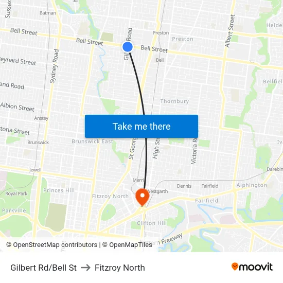 Gilbert Rd/Bell St to Fitzroy North map