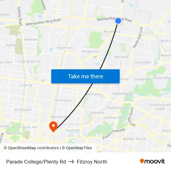Parade College/Plenty Rd to Fitzroy North map