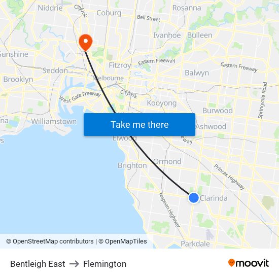 Bentleigh East to Flemington map