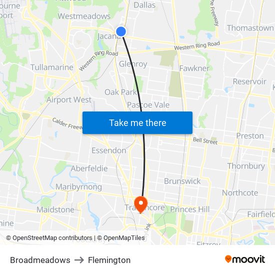 Broadmeadows to Flemington map