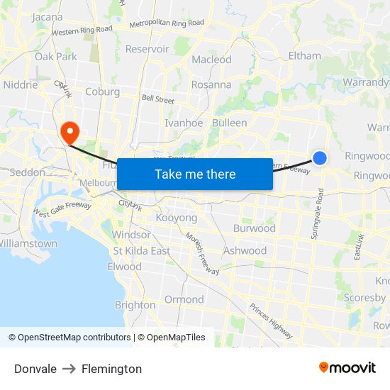 Donvale to Flemington map