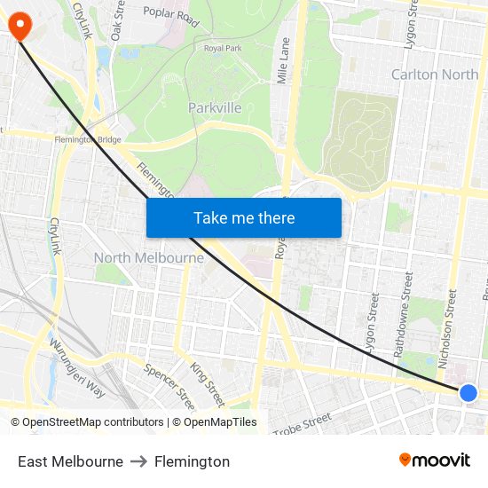 East Melbourne to Flemington map