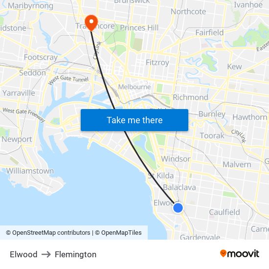 Elwood to Flemington map