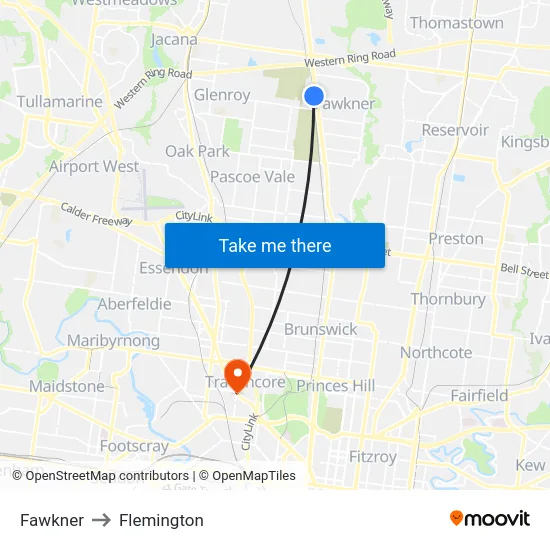 Fawkner to Flemington map