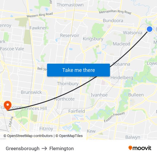 Greensborough to Flemington map