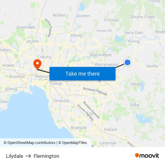 Lilydale to Flemington map