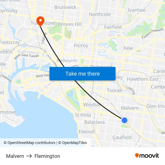 Malvern to Flemington map