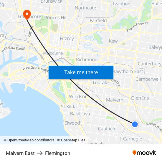 Malvern East to Flemington map