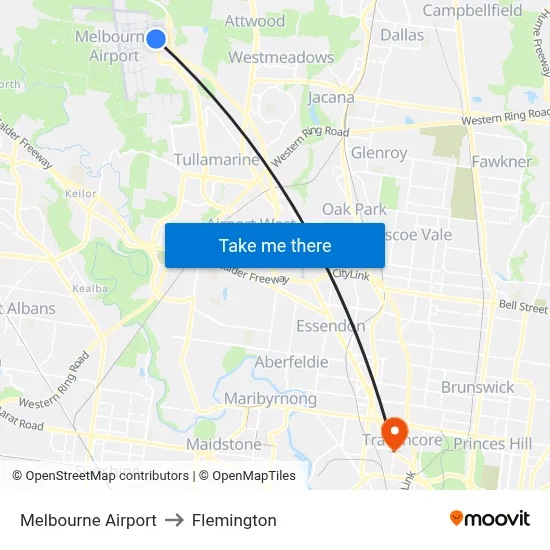 Melbourne Airport to Flemington map
