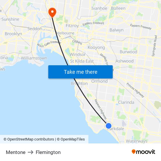 Mentone to Flemington map