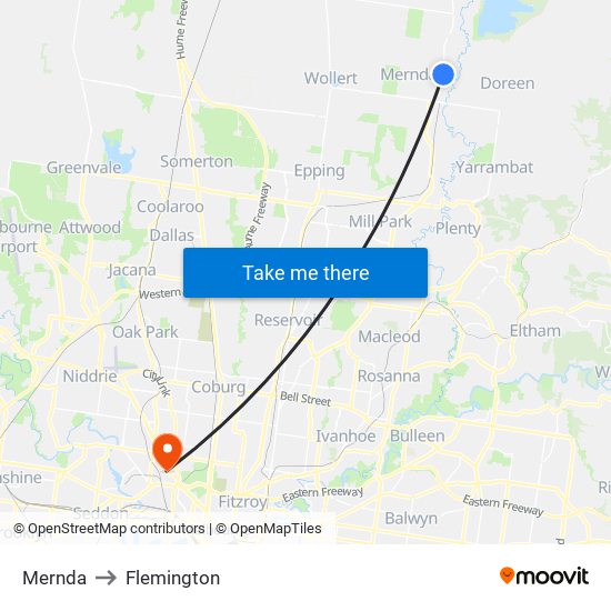 Mernda to Flemington map