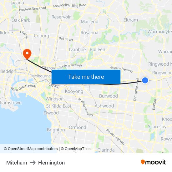 Mitcham to Flemington map