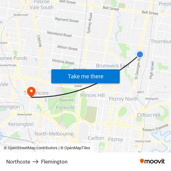 Northcote to Flemington map