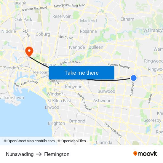 Nunawading to Flemington map