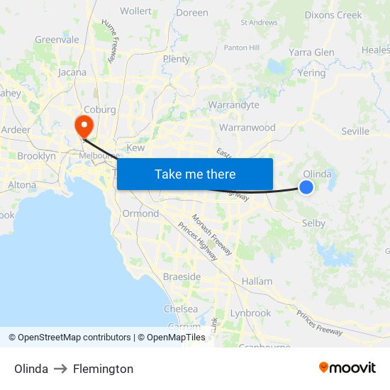 Olinda to Flemington map