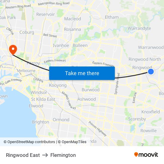 Ringwood East to Flemington map