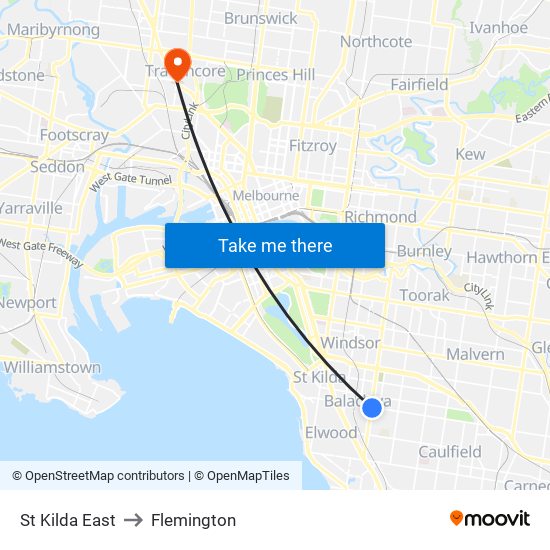 St Kilda East to Flemington map