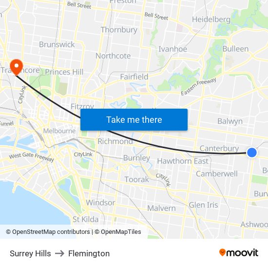 Surrey Hills to Flemington map