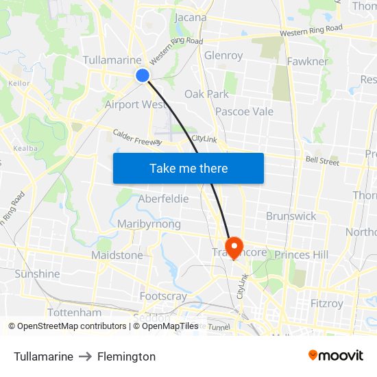 Tullamarine to Flemington map