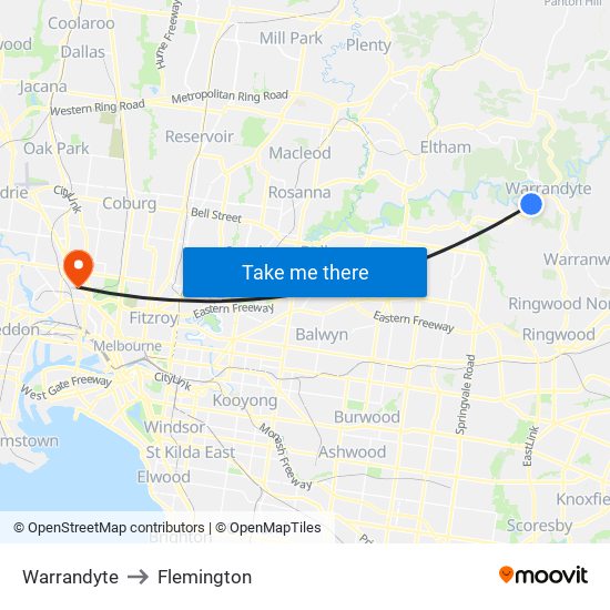 Warrandyte to Flemington map