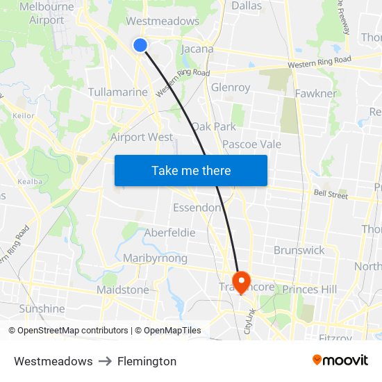 Westmeadows to Flemington map