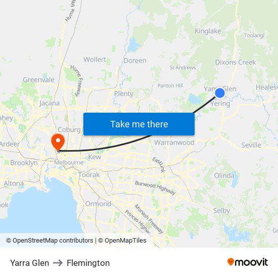 Yarra Glen to Flemington map