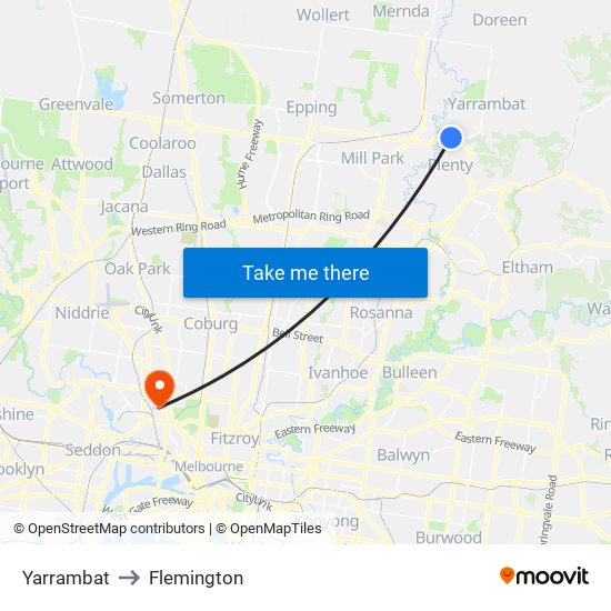 Yarrambat to Flemington map