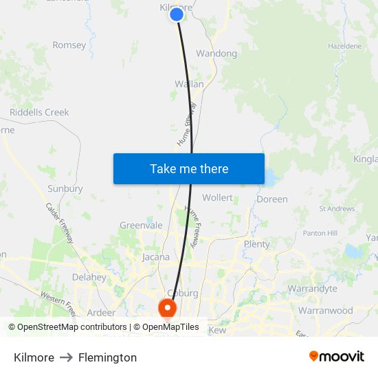 Kilmore to Flemington map