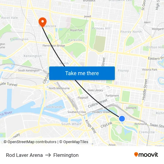 Rod Laver Arena to Flemington map