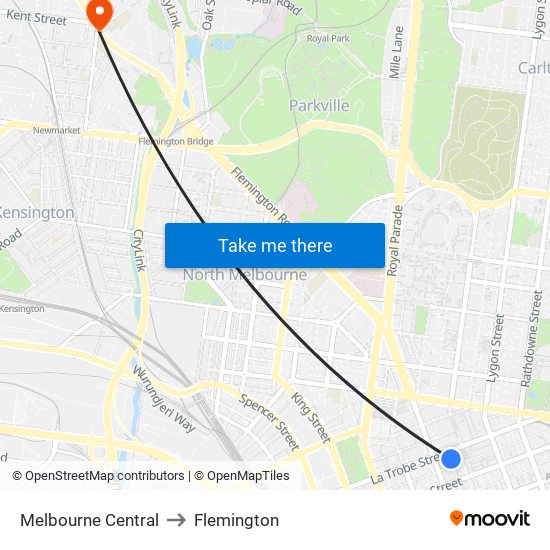 Melbourne Central to Flemington map