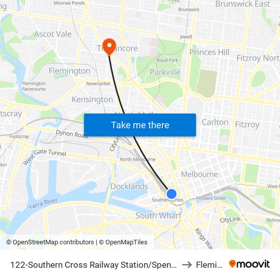 122-Southern Cross Railway Station/Spencer St (Melbourne City) to Flemington map