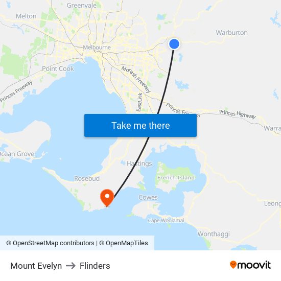 Mount Evelyn to Flinders map