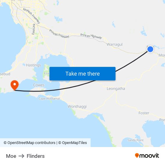 Moe to Flinders map