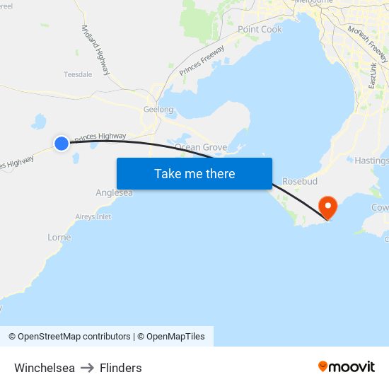 Winchelsea to Flinders map