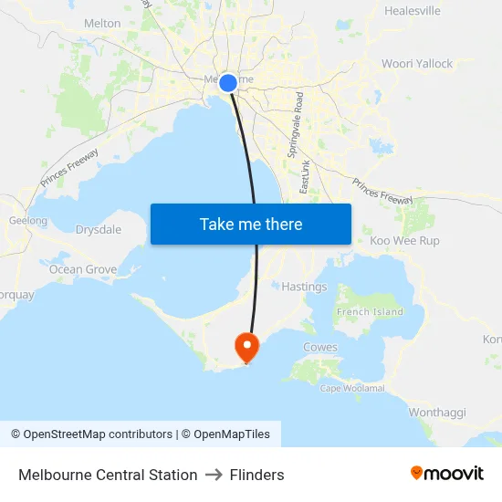 Melbourne Central Station to Flinders map