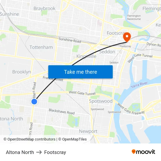 Altona North to Footscray map