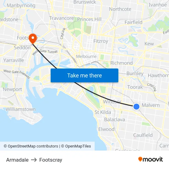 Armadale to Footscray map