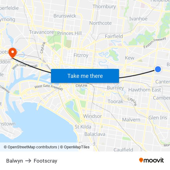 Balwyn to Footscray map