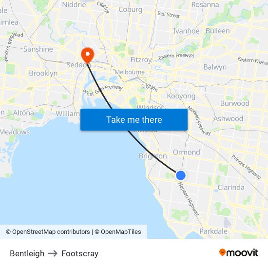 Bentleigh to Footscray map