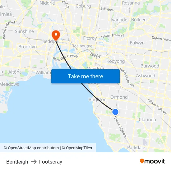 Bentleigh to Footscray map