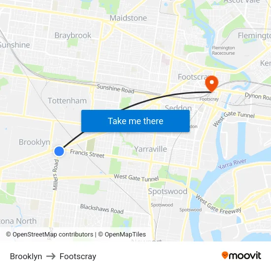 Brooklyn to Footscray map
